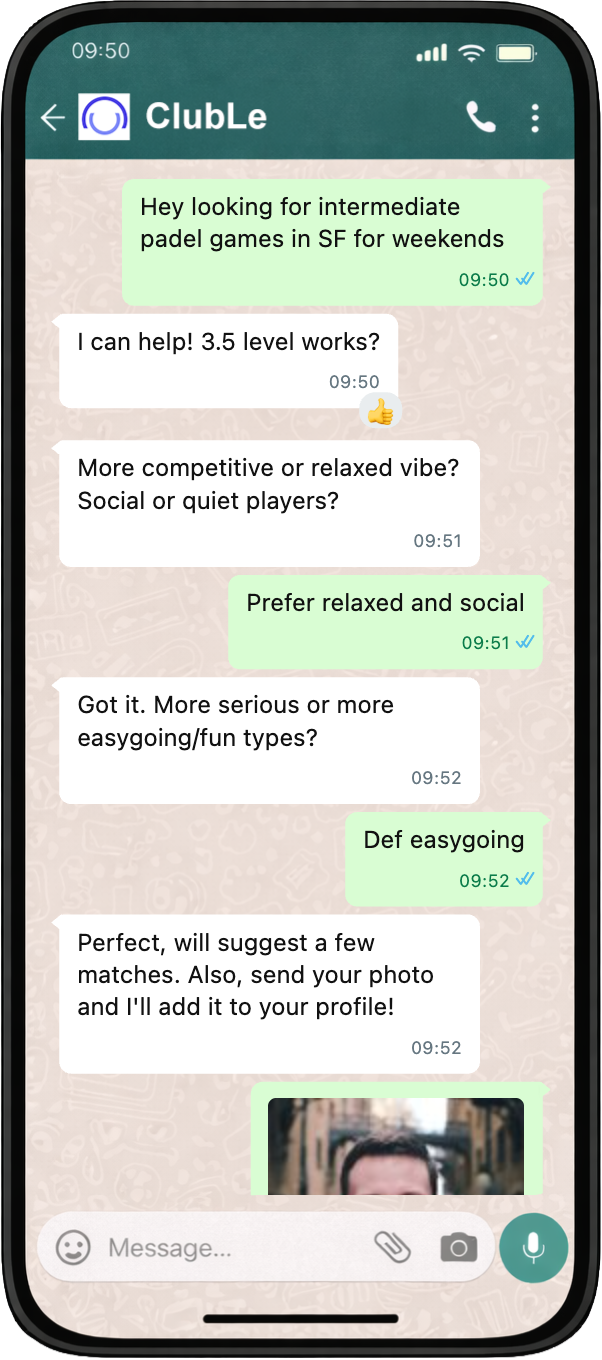 ClubLe chat: finding padel games and preferences